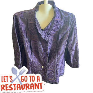 Nwt AGORA evening jacket crinkle pleats ribbon embroidered purple/gold large